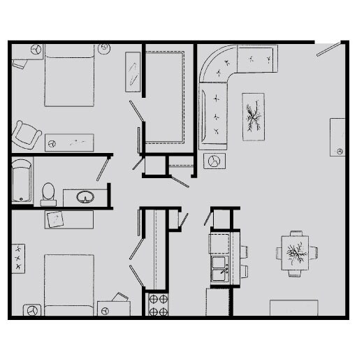 2 Bed, 1 Bath 207 floor plan